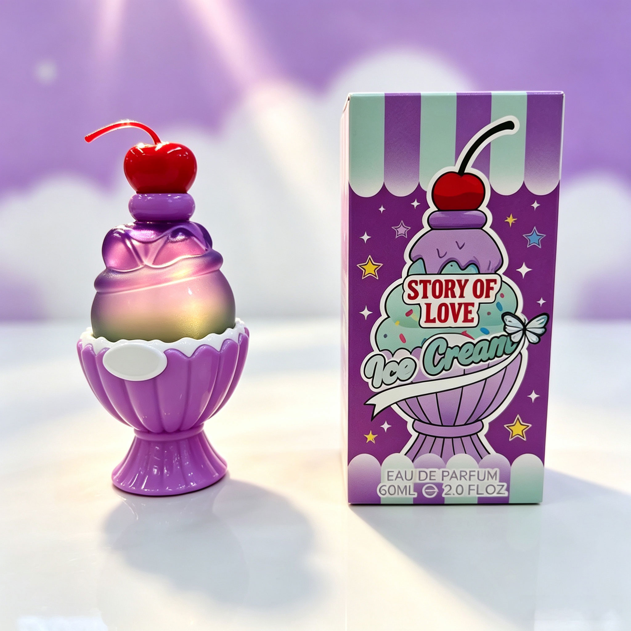 Perfume Decant Sample - かわいいアイスクリーム型のオードパルファム60ml、甘くて長持ちするフローラルフルーティな香り、かわいいチェリー装飾の香水瓶、女性や女の子への誕生日やバレンタインギフトに最適な絶妙な漫画風ギフトボックス